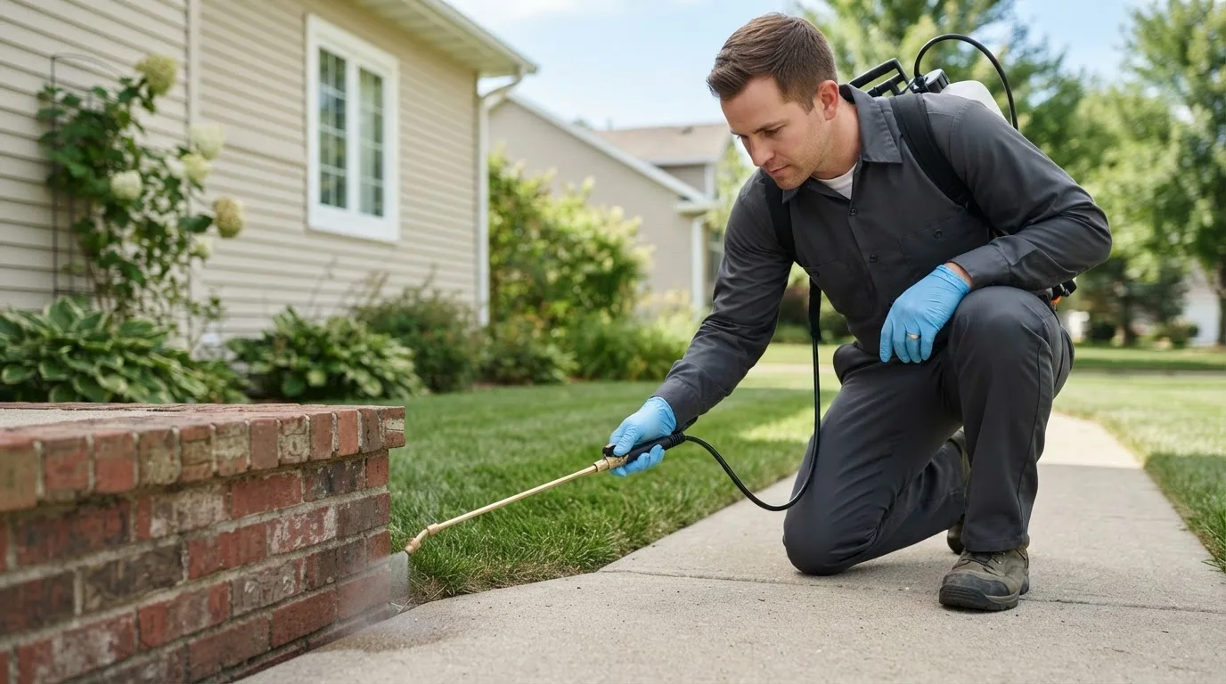 Pest control technician treating a home near South Boston, MA